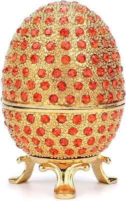 Faberge Egg Style Hand Painted Hinged Jewelry Trinket Box Ornament Red & Gold • $38