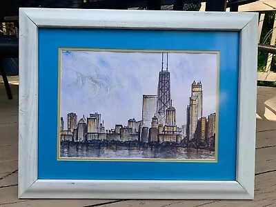 Vtg Modernist Chicago Skyline Cityscape Painting Watercolor MCM Signed • $95