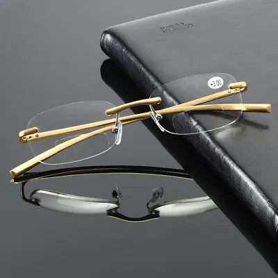 Metal Mens Rimless Bifocal Reading Glasses Readers Rectangle 1.0 1.5 2.0 3.0 4.0 • £6.79