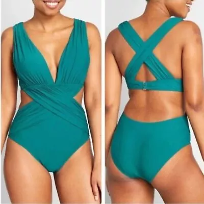 ModCloth The Abbie One Piece Swimsuit Twist Front Teal Cutout Summer Vacation • $21.99