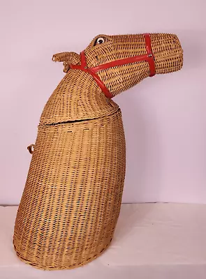 Vtg 1970’s Horse Pony Woven Wicker Hamper Laundry Basket Animal Novelty Large • $149.99