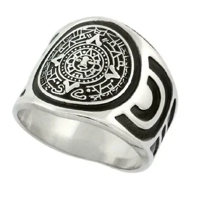 Sterling Silver Aztec Calendar Mayan Sun Ring W/ Aztec Design Sides • $49.99