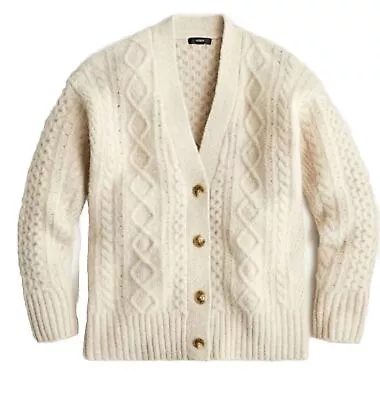 J CREW Cable Knit Wool/Angora Fisherman Cardigan Sweater Medium Boxy Fit Cropped • $55