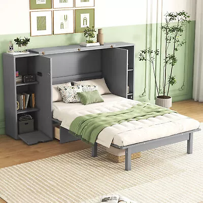 Wood Bed Frame Queen Size Murphy Bed With Shelves Drawers And USB Ports Gray • $829.49