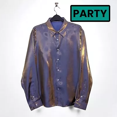 JOGAL Gold Blue Shiny Party Shirt Size MEDIUM Long Sleeved Disco 70s Retro • £8.05