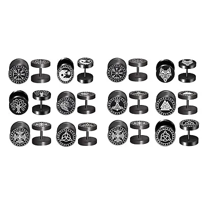 12Pcs Mens 8MM Norse Viking Runes Fake Gauges Plug Stainless Steel Stud Earrings • $12.99