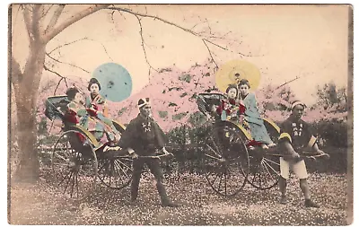 C1910 Nagasaki Japan~ Ladies W Umbrellas On Rickshaws~ Vintage Tinted Postcard • $12