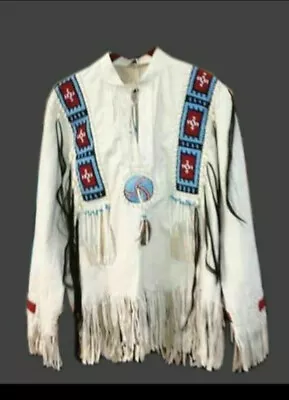 Men Native American Western Buckskin White Leather Fringe Beaded Shirt Nl66 • $130.47