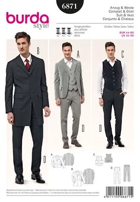 BURDA 6871 MEN'S SUIT & WAISTCOAT Sewing Pattern Sizes 34-50 Skill: ADVANCED • £13.99
