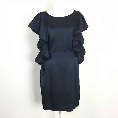 Lanvin H&M 2010 Hiver Dress Rare Dark Navy Blue Silk Ruffle Sleeve UK12 US8 EU38 • $118.23