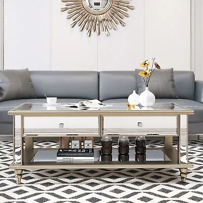 Modern Glam Mirror Coffee Table W/ 2 Drawers 1 Layers Clapboard Solid Wood Legs • $312.29