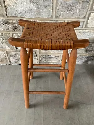 28.5  Vintage Solid Wood Bar Counter Stool Woven Straw Seat • $74.97