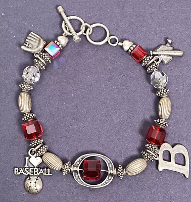 Vintage 925 Baseball Charm Bracelet - 8” - Sterling Silver - Red Faceted Glass • $65