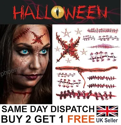 Halloween Zombie Scars Tattoos Fake Blood Scab Scar Wound Costume Make-Up Stitch • £2.69