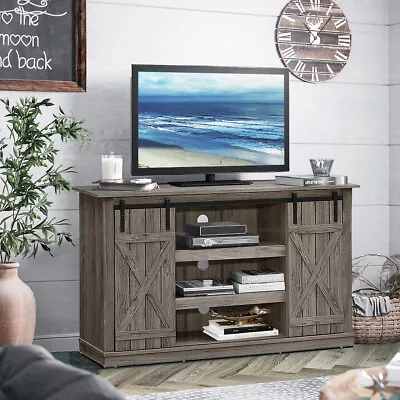 Sliding Barn Door TV Stand For TVs Up To 60 Console Table W/Storage Shelf Grey • $139.99