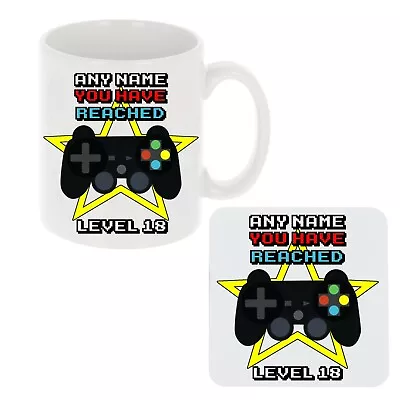 Personalised 18th Birthday Gamer Mug And Coaster Gift Level 18 Video Gamer Lover • £6.99