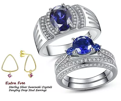 Sterling Silver Simulated Blue Tanzanite His Band Hers Sapphire Wedding Ring Set • $38.99