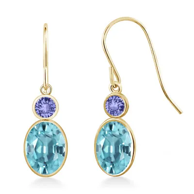 14K Yellow Gold Blue Zircon And Tanzanite Hook French Fish Ear Wire Dangle • $192.99