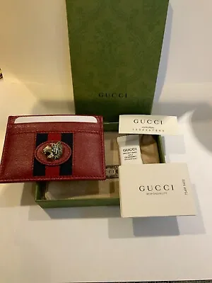 Gucci Rajah Red Leather Gold Crystal Tiger Head Web Card Holder 573796 • $200