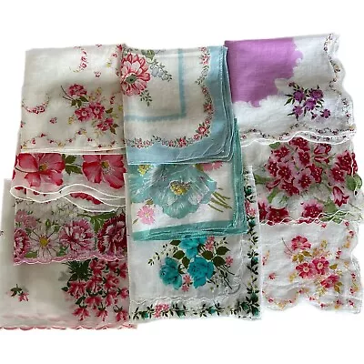 Vintage Handkerchiefs Lot Of 10 Floral Scalloped Edges Romantic Dainty Colorful • $17.99