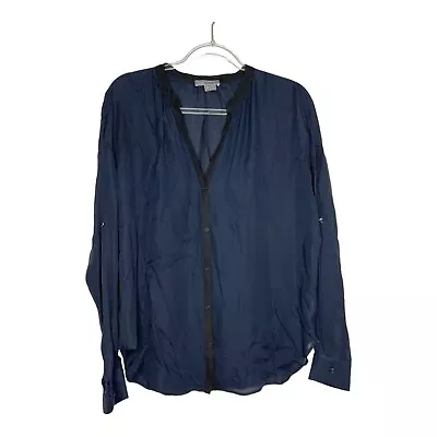 Vince 100% Silk Blouse Long Sleeve Womens Size M Navy Blue Snap Up Minimal Sheer • $23.90