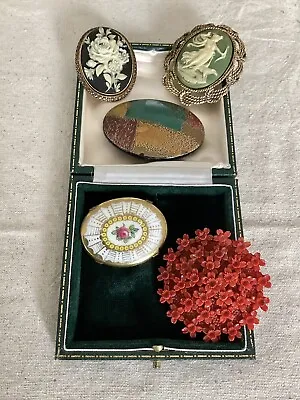 5 Antique & Vintage Brooches Pin PorcelainArt Deco Coral Bakelite Cameos Mix • £20