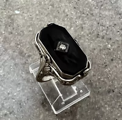 Vintage 14K White Gold Black Onyx & Cameo Flip Filigree Ring • $499