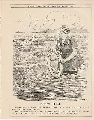 1924 Punch Cartoon Safety First For Banks Paddling To German Loan • £1.99