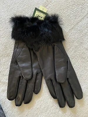 Ladies Rabbit Fur Cuffed Genuine Leather GlovesBlack Large • $19.99