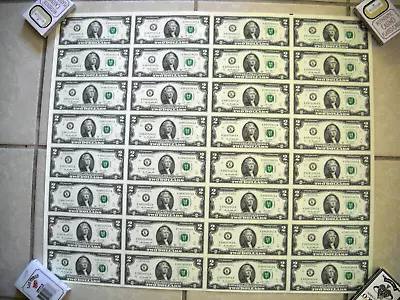 Two Dollar Bills Full Uncut Currency Sheet Of 32 Notes 2013 Dallas Texas  F/S • $225