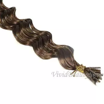 25 Deep Wave Curly I Stick Tip Micro Link Remy Human Hair Extensions Light Brown • £39.52