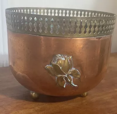 Mid Century Modern Planter  Copper And Brass Vintage Rose Pattern Preowned • $21.02