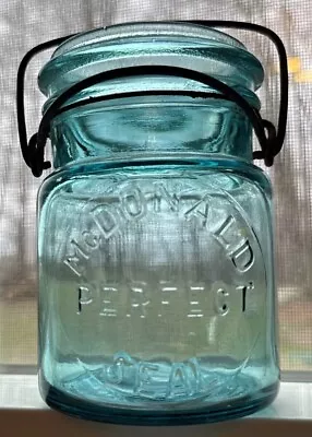 Antique Vtg McDonald Perfect Seal Canning Mason Jar Aqua Blue Wire Bale Pint • $19.99