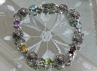 ‼️ Sale Sterling Silver Multi Gemstone Amethyst Cocktail Cluster Tennis Bracelet • $79.50