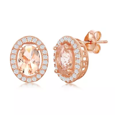 Silver Oval Morganite CZ With White CZ Border Stud Earrings - Rose Gold Plated • $43