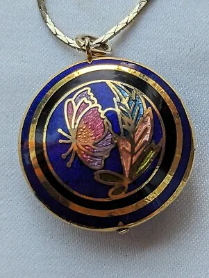 Vintage Cloisonne Butterfly Pendant Necklace 2 Sided  Gold Tone Chain  • $7.59
