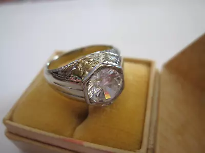 VTG 14K White Gold Etched 2 Ct Bezel Set Solitare Engagement Wedding Mens Ring • $1675