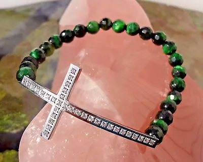 Steel By Design  Horizontal Cross  Green Bead Stretch Bracelet - Crystals - NEW • $11