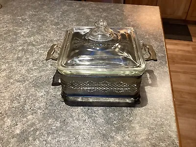 1940s Vintage Pyrex Square Glass Dish 7 X 7 With Silverplate Metal Carrier 653 • $23
