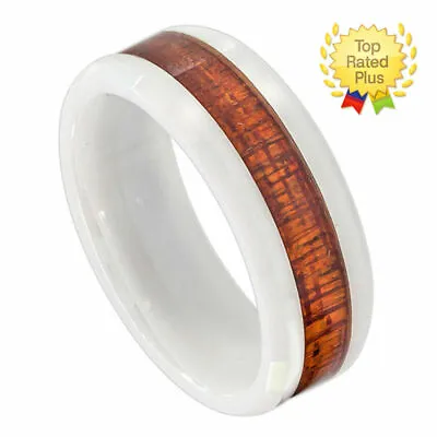 8mm Men's Or Ladie's White Ceramic Hawaiian Koa Wood Inlay Wedding Band Ring • $22.46