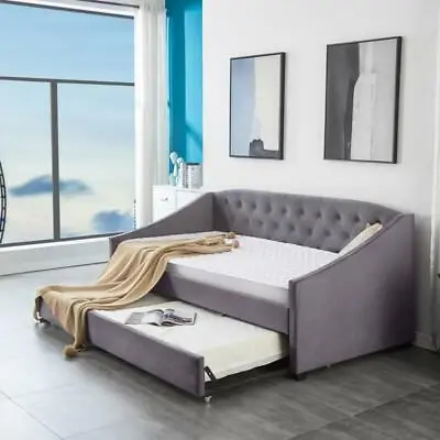 Velvet Grey Daybed Sofabed  3ft Single Sofa Bed With Underbed Trundle • £259.90