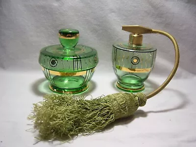 Vintage Art Deco Glass Vanity Set Perfume Bottle Jar Atomizer & Powder Jar AS IS • $34.99