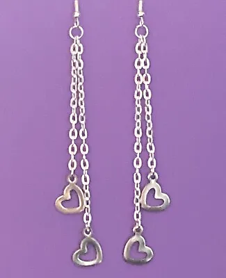 £3.99 • Buy Handmade Womens Silver Double Drop Long Chain Earrings  With Silver Hearts