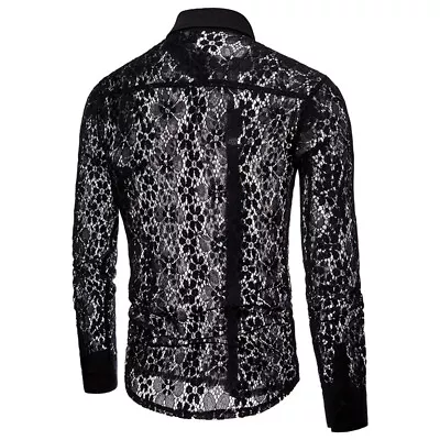 New Mens Sheer Mesh See Lace T Shirt Tops Long Sleeve Party Clubwear Sexy Blouse • £24.01