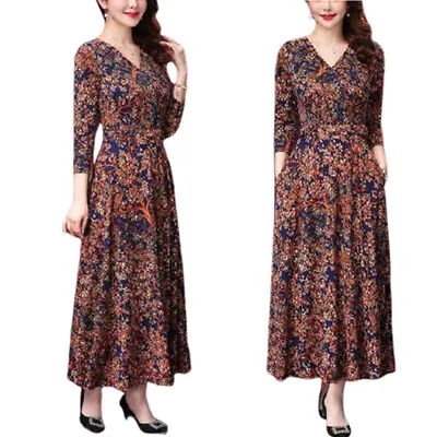 $25.69 • Buy Women V Neck Floral Print A-Line Dress Party Long Sleeve Swing Dresses Plus Size