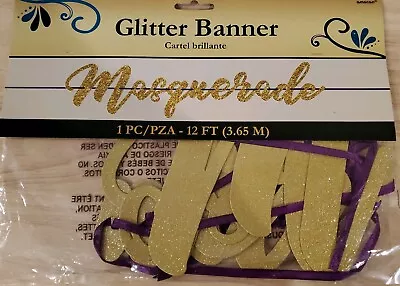  MASQUERADE  Gold Glitter Banner  - 12 Ft Long ! NEW In Package. • $3.99