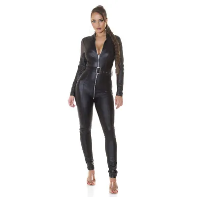 Leather Look Catsuit Full Crotch Zip Jumpsuit Belted KouCla - Black • £49.95