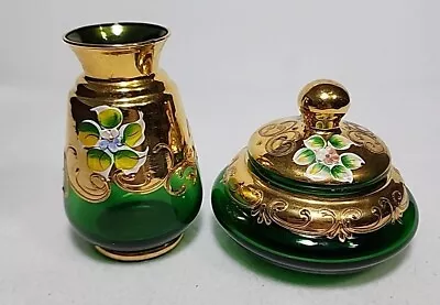 Vntg Italian Glass Vanity Dresser Set Green Gold Gilded Egermann? Bohemian EUC • $49.95