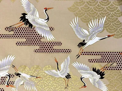 Japanese Cranes Fabric Art Deco Heron Stork Birds Gold Beige Oriental Chinese • £11.91