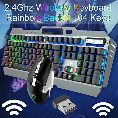 $17.99 • Buy 2.4G USB Wireless Gaming Keyboard And Mouse Set Rainbow Backlit Ergonomic Black